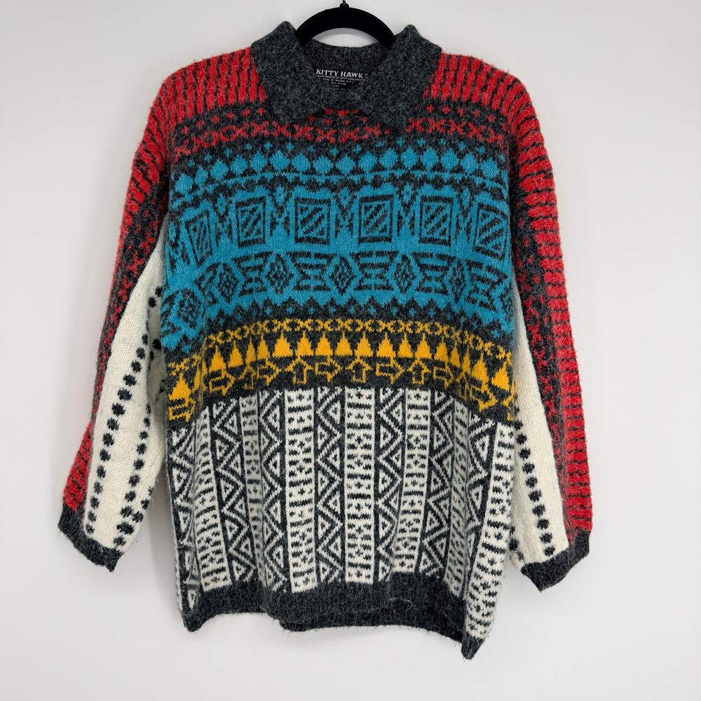 Vintage Kitty Hawk Knit Geometric Fair Isle Collared Long Sleeve Sweater Mens Md